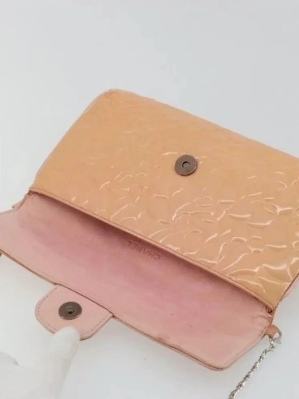 CHANEL Chain Shoulder Bag Patent Leather Pink Silver CC Auth bs34632A